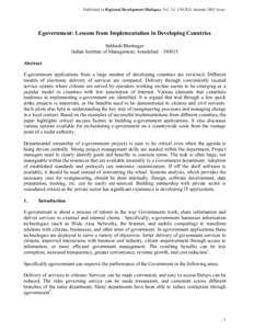 Published in Regional Development Dialogue, Vol. 24, UNCRD, Autumn 2002 Issue.  Egovernment: Lessons from Implementation in Developing Countries Subhash Bhatnagar Indian Institute of Management, Amedabad – [removed]Abstr