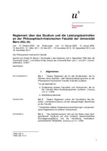 Reglement über das Studium und die Leistungskontrollen an der Philosophisch-historischen Fakultät der Universität Bern (RSL 05) vom 27. Oktober 2005 mit Änderungen vom 21. Februar 2006, 31. Januar 2009, 10. Mai 2010,