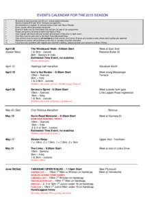 EVENTS CALENDAR FOR THE 2015 SEASON