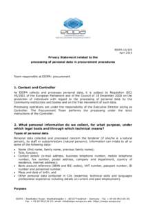 EIOPAApril 2015 Privacy Statement related to the processing of personal data in procurement procedures