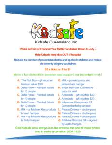 Prizes for End of Financial Year Raffle Fundraiser Drawn In July – Help Kidsafe keep kids OUT of hospital Reduce the number of preventable deaths and injuries in children and reduce the severity of injury to children $