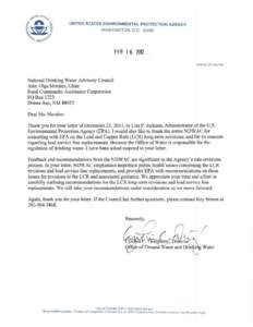 Thank you letter from Office of Water to National Drinking Water Advisory Council (NDWAC) on December 23, 2011 letter to EPA Administrator on Lead and Copper Rule