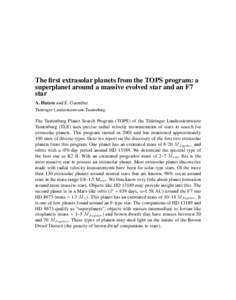 The first extrasolar planets from the TOPS program: a superplanet around a massive evolved star and an F7 star