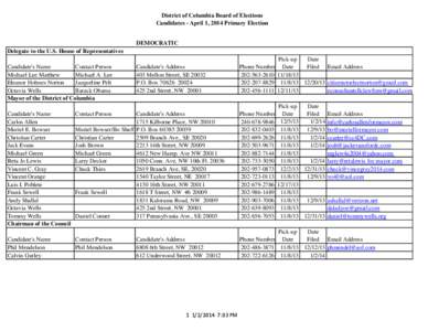 District of Columbia Board of Elections Candidates - April 1, 2014 Primary Election DEMOCRATIC