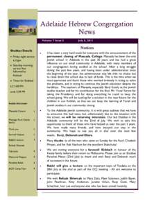 Adelaide Hebrew Congregation News Volume 7 Issue 2 July 8, 2011