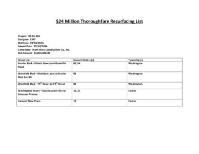 $24 Million Thoroughfare Resurfacing List Project: RS[removed]Designer: CMT Bid Date: [removed]Award Date: [removed]Contractor: Rieth Riley Construction Co., Inc.