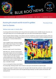 Aussie girls smash world record in golden start to Games Thursday 25 July  McKeon kids make it a family affair