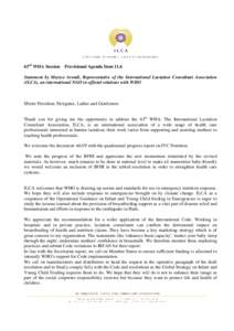 63rd WHA Session  Provisional Agenda Item 11.6 Statement by Maryse Arendt, Representative of the International Lactation Consultant Association (ILCA), an international NGO in official relations with WHO