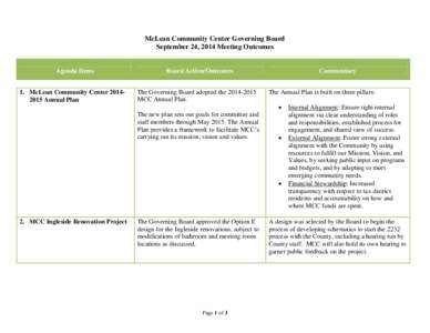 McLean Community Center Governing Board September 24, 2014 Meeting Outcomes Agenda Items 1. McLean Community Center[removed]Annual Plan