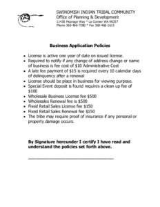 SWINOMISH INDIAN TRIBAL COMMUNITY Office of Planning & DevelopmentMoorage Way * La Conner WAPhone * FaxBusiness Application Policies