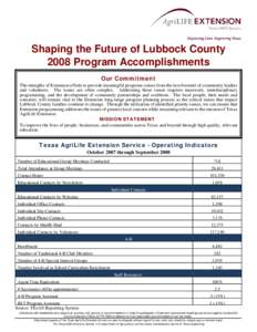 Shaping the Future of Lubbock County 2008 Program Accomplishments Our Commitment The strengths of Extension efforts to provide meaningful programs comes from the involvement of community leaders and volunteers. The issue
