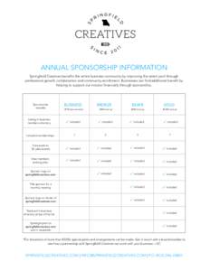 ANNUAL SPONSORSHIP INFORMATION Springfield Creatives benefits the entire business community by improving the talent pool through professional growth, collaboration and community enrichment. Businesses can find additional