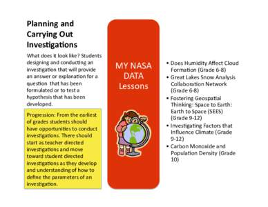 Planning	
  and	
   Carrying	
  Out	
   Inves3ga3ons	
   What	
  does	
  it	
  look	
  like?	
  Students	
   designing	
  and	
  conducDng	
  an	
   invesDgaDon	
  that	
  will	
  provide	
  
