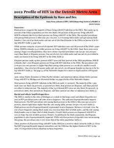 2012 Profile of HIV in the Detroit Metro Area Description of the Epidemic by Race and Sex Data from enhanced HIV/AIDS Reporting System (eHARS) & 2010 Census  Overview: