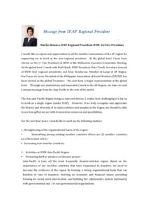 Message from IFAP Regional President 	
   Mariko	
  Kimura,	
  IFAP	
  Regional	
  President,	
  IFSW	
  1st	
  Vice	
  President	
     I	
  would	
  like	
  to	
  express	
  my	
  appreciation	
  to	
 