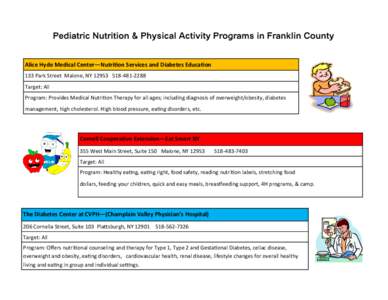 Pediatric Nutrition & Physical Activity Programs in Franklin County Alice Hyde Medical Center—Nutrition Services and Diabetes Education 133 Park Street Malone, NY[removed]2288 Target: All Program: Provides Medica