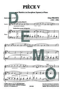 PIÈCE V pour Hautbois (ou Saxophone Soprano) et Piano D  Durée totale : ± 3’30”