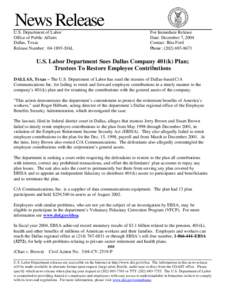 News Release U.S. Department of Labor Office of Public Affairs Dallas, Texas Release Number: [removed]DAL