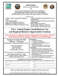 November 30, 2010, Free Inland Empire Small Business Tax Information and Regional Opportunities Seminar
