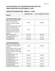 Page 1 of 7  FEES FOR BOILERS, PV’S AND REFRIGERATION UNITS FOR INSPECTIONS EFFECTIVE SEPTEMBER 15, 2013 BOILERS & REFRIGERATION = ANNUAL = 1 YEAR Regulation Clause