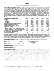 72  GYPSUM (Data in thousand metric tons unless otherwise noted) Domestic Production and Use: In 2008, domestic production of crude gypsum was estimated to be 12.7 million tons with a value of about $95 million. The lead