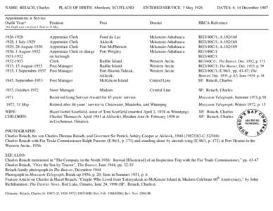 NAME: REIACH, Charles[removed]PLACE OF BIRTH: Aberdeen, SCOTLAND[removed]ENTERED SERVICE: 7 May 1926