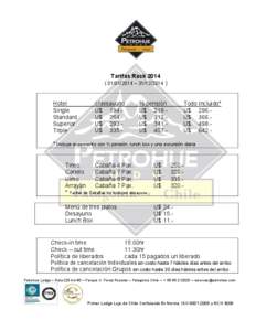 Tarifas Rack[removed]2014 – [removed]Hotel Single Standard