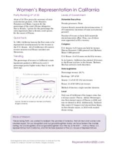 Women’s Representation in California Parity Ranking: 4th of 50 Levels of Government  Score of 34: Five points for secretary of state