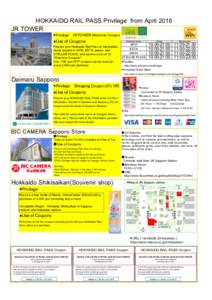 HOKKAIDO RAIL PASS Privilege from April 2016 JR TOWER ●Privilege　JR TOWER Welcome Coupon ●Use of Coupons