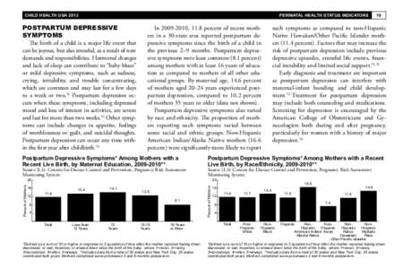 CHILD HEALTH USA[removed]PERINATAL HEALTH STATUS INDICATORS In[removed], 11.8 percent of recent mothers in a 30-state area reported postpartum depressive symptoms since the birth of a child in the previous 2–9 months. P