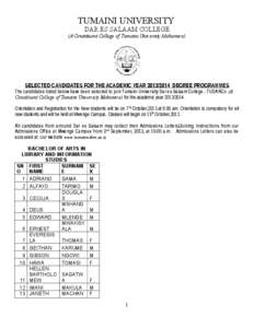 TUMAINI UNIVERSITY DAR ES SALAAM COLLEGE (A Constituent College of Tumaini University Makumira) SELECTED CANDIDATES FOR THE ACADEMIC YEAR[removed]DEGREE PROGRAMMES The candidates listed below have been selected to join