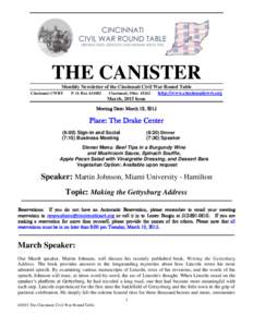 ______________________________________________________________________________  THE CANISTER Monthly Newsletter of the Cincinnati Civil War Round Table Cincinnati CWRT P. O. Box