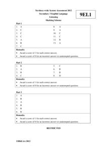 Territory-wide System Assessment 2012 Secondary 3 English Language Listening Marking Scheme Part 1 1.