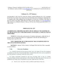 Ordinance Summary published in the Legal Record on _______________ and the full text of the Ordinance made available at www.desotoks.us for a minimum of 1 week from the date of publication Ordinance No[removed]Summary On S