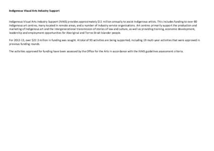 Indigenous Visual Arts Industry Support  Indigenous Visual Arts Industry Support (IVAIS) provides approximately $11 million annually to assist Indigenous artists. This includes funding to over 80 Indigenous art centres, 