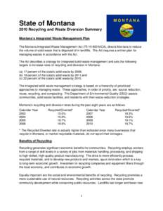 State of Montana 2010 Recycling and Waste Diversion Summary Montana’s Integrated Waste Management Plan The Montana Integrated Waste Management Act[removed]MCA), directs Montana to reduce the volume of solid waste th