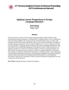 Applying Learner Perspectives in Foreign Language Education Roehl Sybing Nanzan University Nagoya, Japan