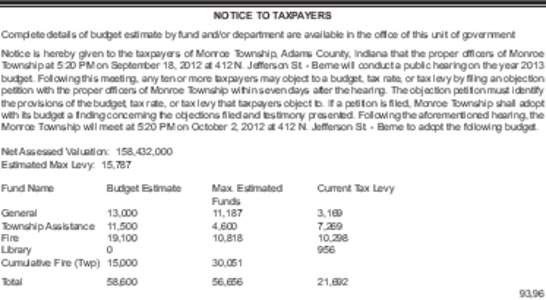NOTICE TO TAXPAYERS Complete details of budget estimate by fund and/or department are available in the office of this unit of government Notice is hereby given to the taxpayers of Monroe Township, Adams County, Indiana t