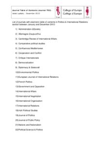 Journal Table of Contents (Journal TOC) latest update – December 2013 List of journals with electronic table of contents in Politics & International Relations section between January and December 2013: 1) Administratio