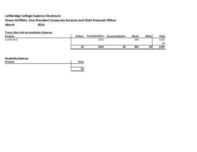 Lethbridge College Expense Disclosure Simon Griffiths, Vice President Corporate Services and Chief Financial Officer March 2014 Travel, Meal and Accomodation Expenses Purpose