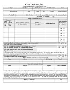 Crain Orchards, Inc. Employment Application & Emergency Data Form First Name Middle Name Social Security #