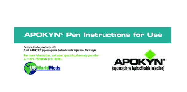 APOKYN® Pen Instructions for Use Designed to be used only with 3 mL APOKYN® (apomorphine hydrochloride injection) Cartridges For more information, call your specialty pharmacy provider or[removed]7APOKYN[removed]).