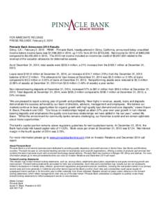 FOR IMMEDIATE RELEASE PRESS RELEASE: February 2, 2015 Pinnacle Bank Announces 2014 Results Gilroy, CA – February 2, [removed]PBNK - Pinnacle Bank, headquartered in Gilroy, California, announced today unaudited income bef