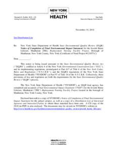 State Environmental Quality Review of the Jewish Home Lifecare Final Environmental Impact Statement (FEIS) Cover Letter