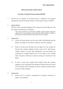 CB[removed])  HONG KONG BAR ASSOCIATION Comments on Deposit Protection Scheme Bill 2003