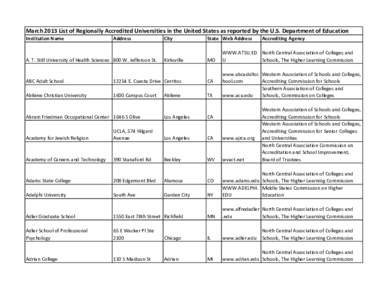 March 2013 List of Regionally Accredited Universities in the United States as reported by the U.S. Department of Education Institution Name Address  A. T. Still University of Health Sciences 800 W. Jefferson St.