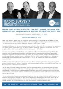 - 2UE CONTINUES ITS AUDIENCE GAINS TO REACH 5.9% SHARE -  TUESDAY NOVEMBER 11TH, 2014 Fairfax Radio Network’s flagship News Talk station 3AW looks set to finish 2014 as it began – as the Number One radio station in M
