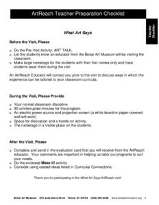 Teacher Checklist ArtReach Teacher Preparation Checklist  What Art Says