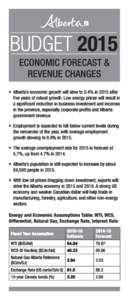 • Alberta’s economic growth will slow to 0.4% in 2015 after ﬁve years of robust growth. Low energy prices will result in a signiﬁcant reduction in business investment and incomes in the province, especially corpo