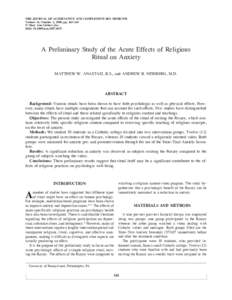 THE JOURNAL OF ALTERNATIVE AND COMPLEMENTARY MEDICINE Volume 14, Number 2, 2008, pp. 163–165 © Mary Ann Liebert, Inc. DOI: acmA Preliminary Study of the Acute Effects of Religious